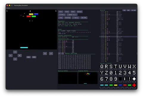 FantasyBoy showing Breakout with colored bricks and a paddle beside its CPU, memory, disassembly, and sprite panels.