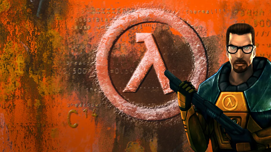 Gordon Freeman beside the Half-Life lambda emblem on Continuum's orange menu background.