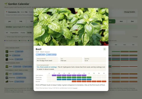 Basil detail over the Claremont herbs chart, with a basil photo, growing facts, hydroponic guidance, monthly windows, and photo attribution.