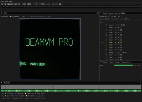 BeamVM Pro displaying a vector sign alongside the graphics coprocessor's active display list and separate budget meters.