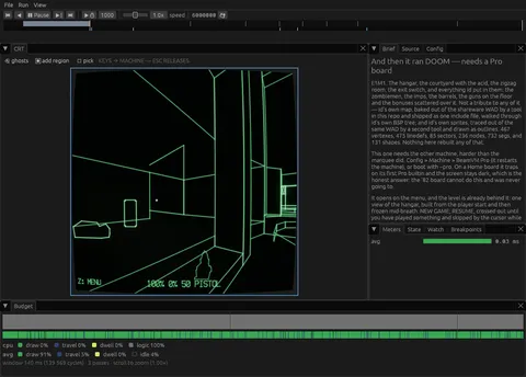 Vector outlines from DOOM's hangar with its HUD, program brief, and separate CPU and graphics budget meters.