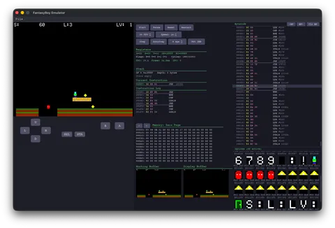 FantasyBoy showing the Keen platformer beside CPU registers, disassembly, memory buffers, and sprite previews.