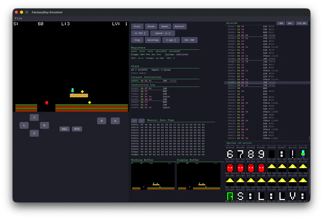FantasyBoy showing the Keen platformer beside CPU registers, disassembly, memory buffers, and sprite previews.