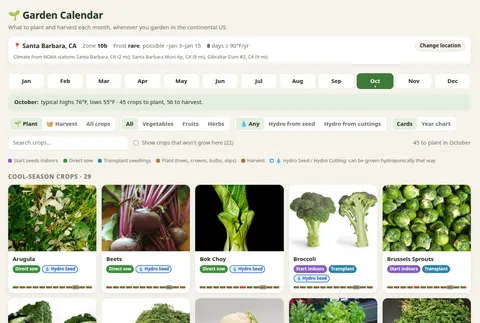 Garden Calendar showing October planting cards for Santa Barbara, California, with crop photos and sowing, transplanting, and hydroponic badges.