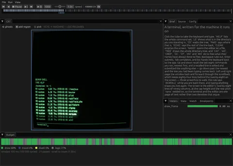 BeamVM's green CRT shell listing programs in its virtual examples directory beside the shell brief.