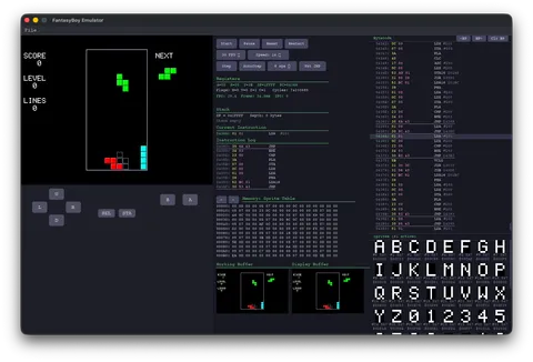 FantasyBoy showing a Tetris board and next piece beside registers, bytecode, memory, and sprite panels.